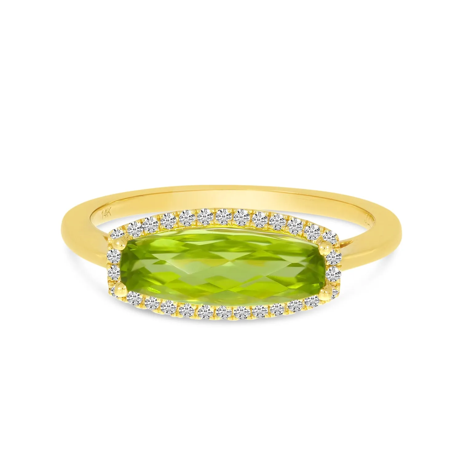 Peridot Cushion Shaped & Diamond Ring 14 Karat Yellow Gold